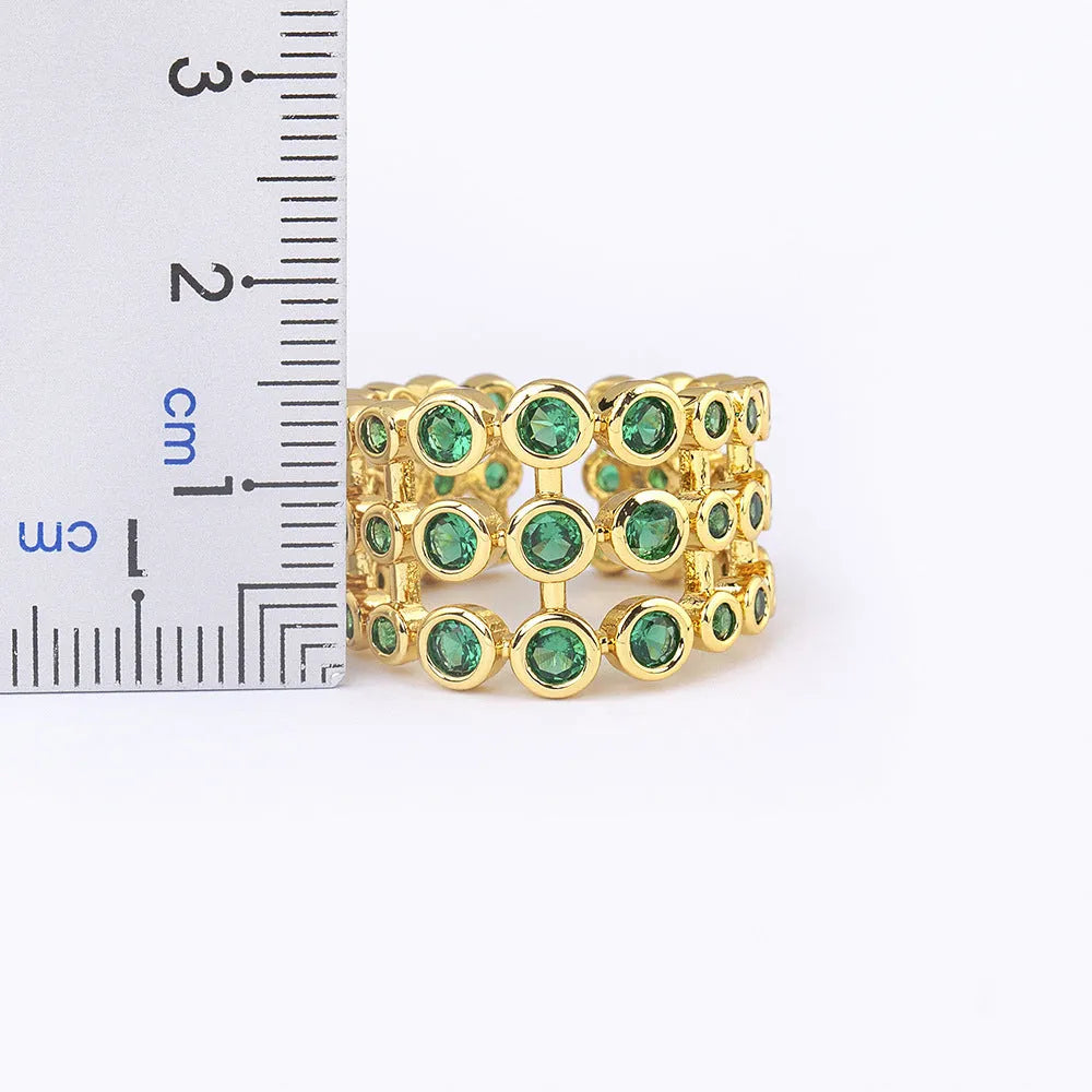 Copper 18K gold-plated wide ring with green zircon embellishments on 2.5 cm band