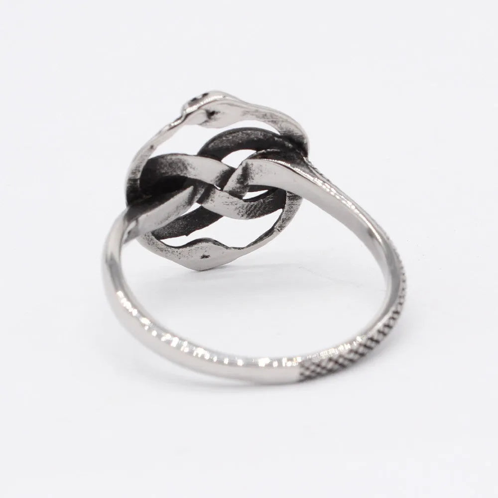 Titanium steel double snake ring with retro design in steel colour, showing detailed scale patterns and matte cold wind finish
