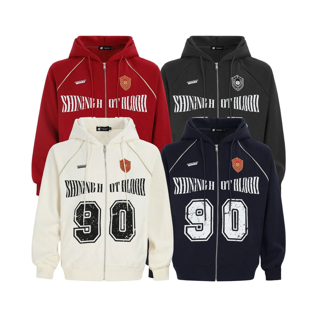 Women's loose casual jacket in American retro style with hood, long sleeves, available in four colours.