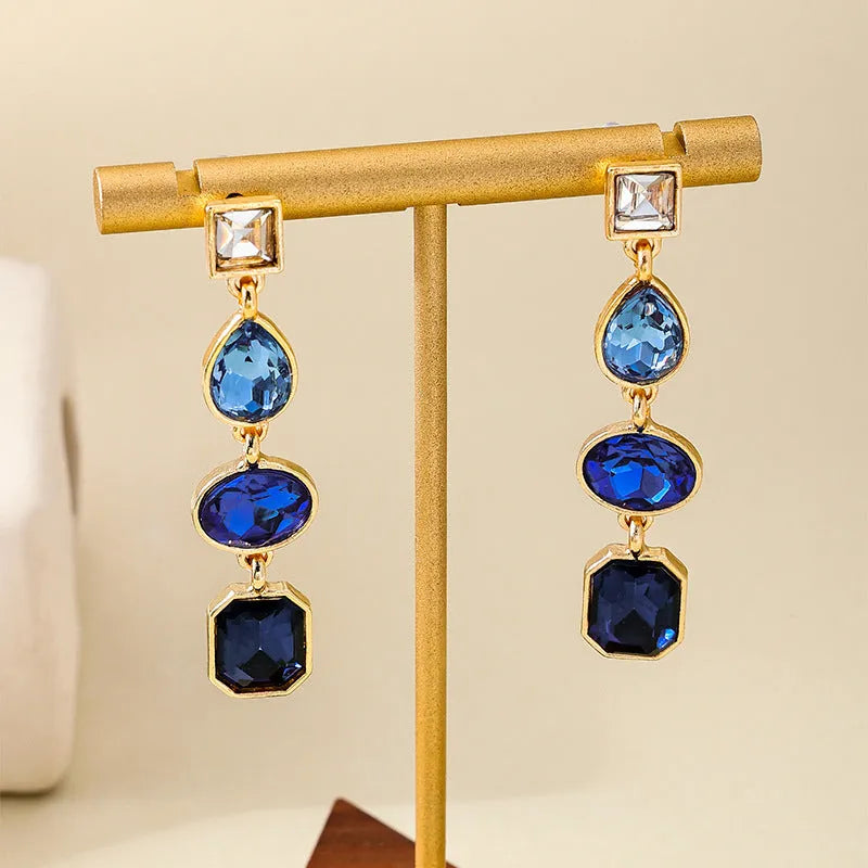 Geometric water drop ear studs in alloy with rhinestone detail, women's pierced earrings, 1 pair