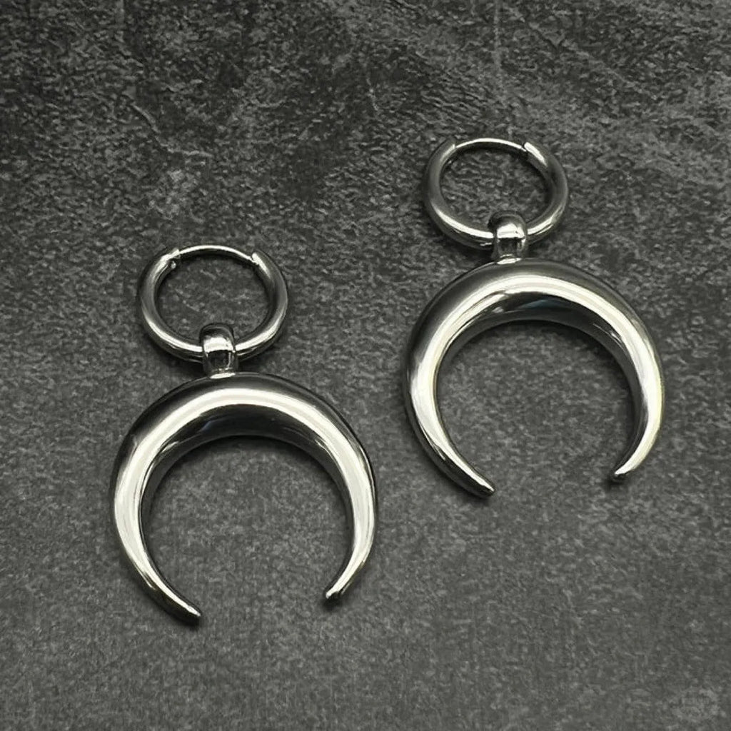 Silver geometric hoop earrings with moon detail, punk-style gothic design, ear clip fastening