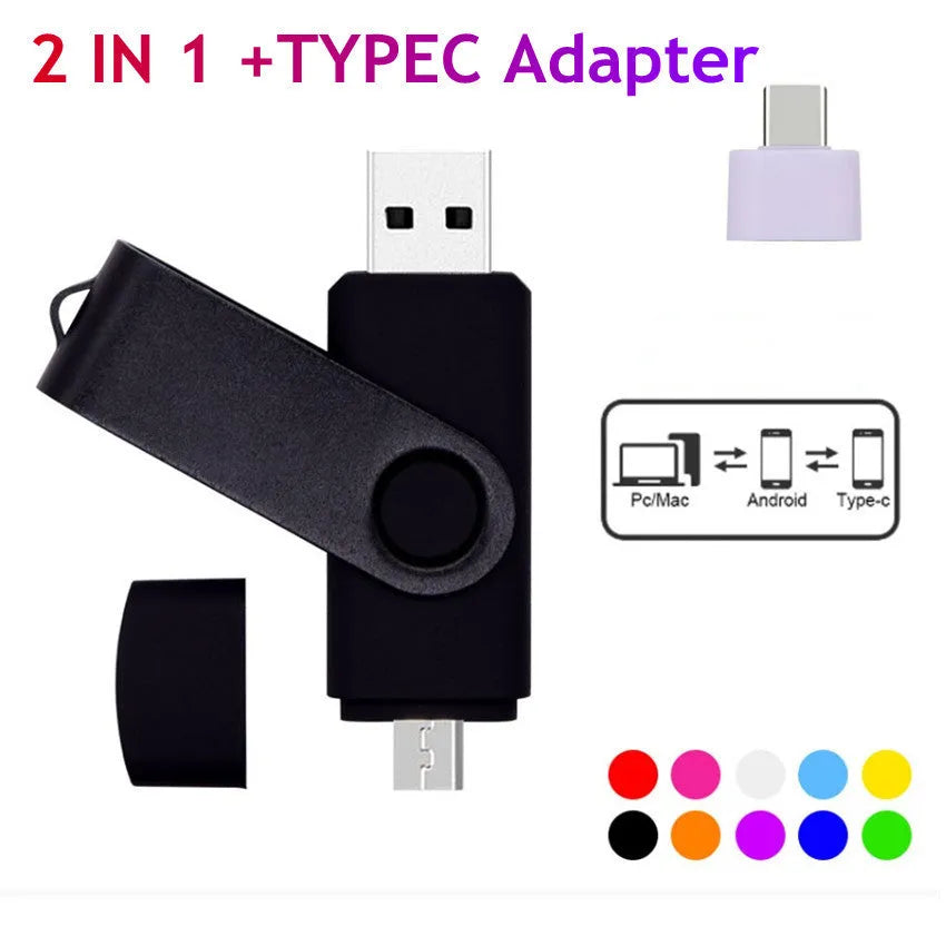 2 in 1 Android mobile phone USB flash drive with USB 2.0 interface and plastic shell, shown with adapter