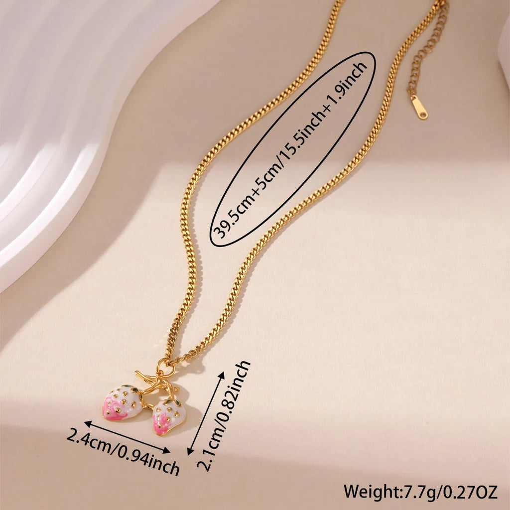 Stainless steel strawberry pendant necklace with 3cm charm in red or white powder gradient finish