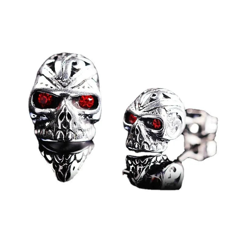 Retro skull stud earrings with red eye ghost design, alloy construction with electroplated finish, measuring 1.5 cm in height