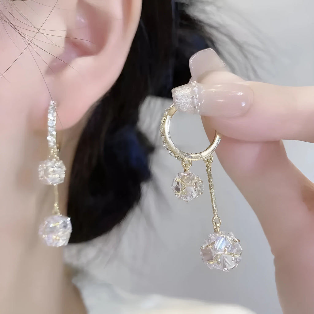Silver confession balloon double pendant rhinestone ball tassel earrings with ear clip fastening