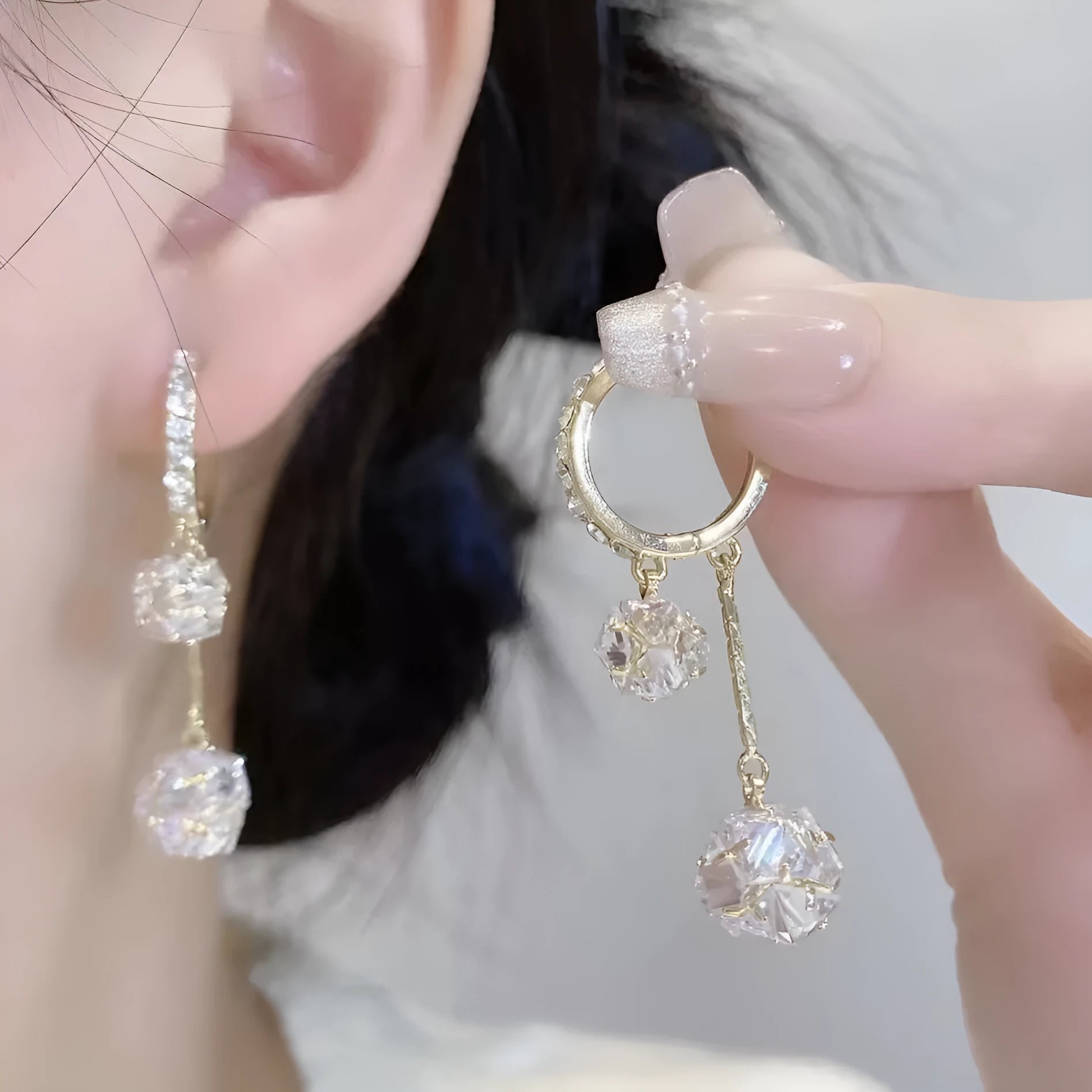 Silver confession balloon double pendant rhinestone ball tassel earrings with ear clip fastening