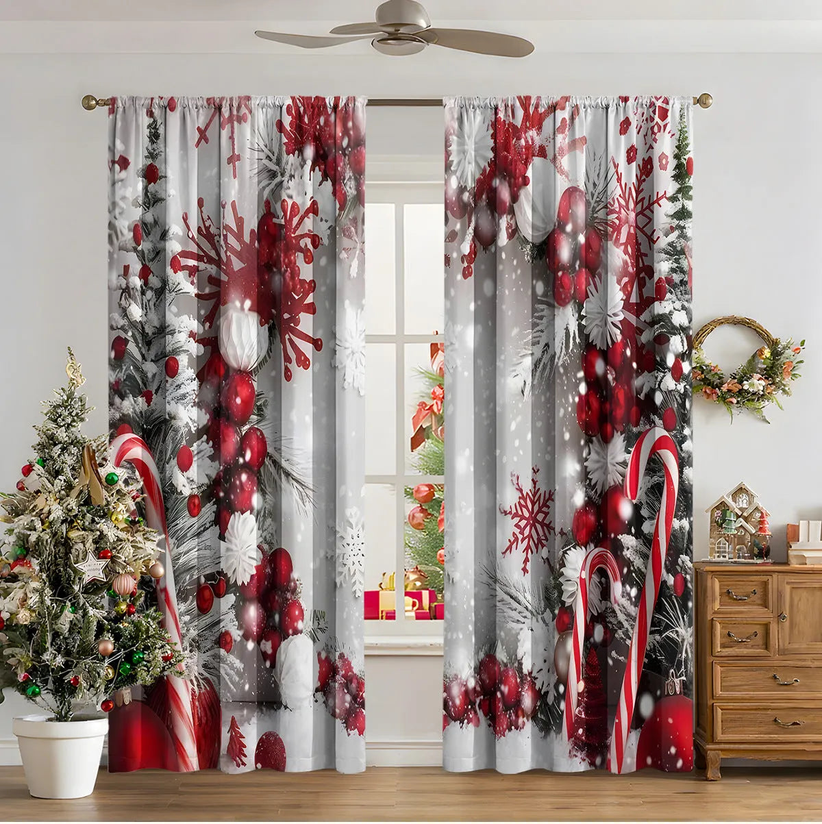 3D digital printed Christmas curtain in a European style, showing modern simplicity design and polyester fabric