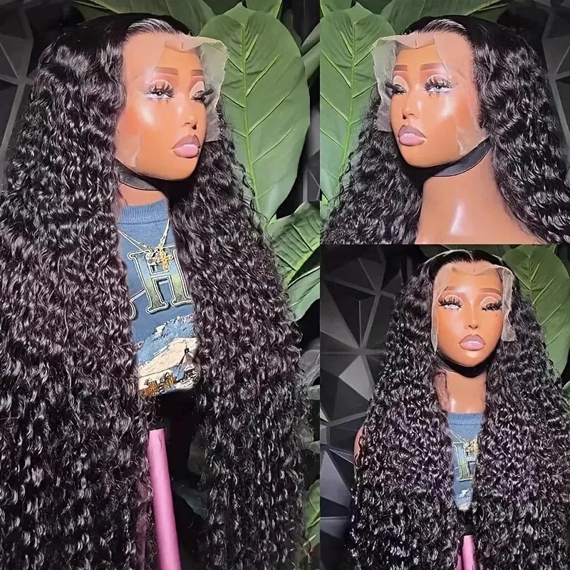 Fashion lace wig with small roll wound tube afro curls in black colour, showing side bangs styling and natural hairline
