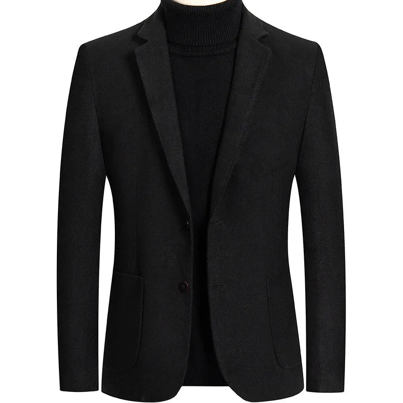 Men's slim-fit wool suit jacket in grey, black, camel, or houndstooth with non-ironing fabric for autumn wear.