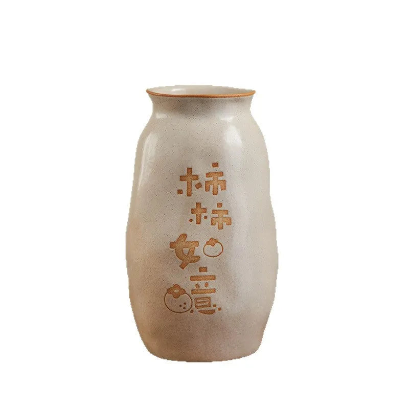 Chinese hand-painted ceramic joy vase with 8 cm diameter, showing traditional carving and lucky persimmon colour.