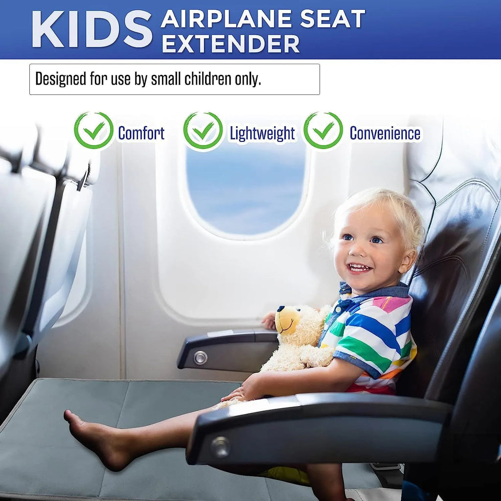 Portable children's aircraft pedal seat extender in black, blue, or grey with drawstring pocket