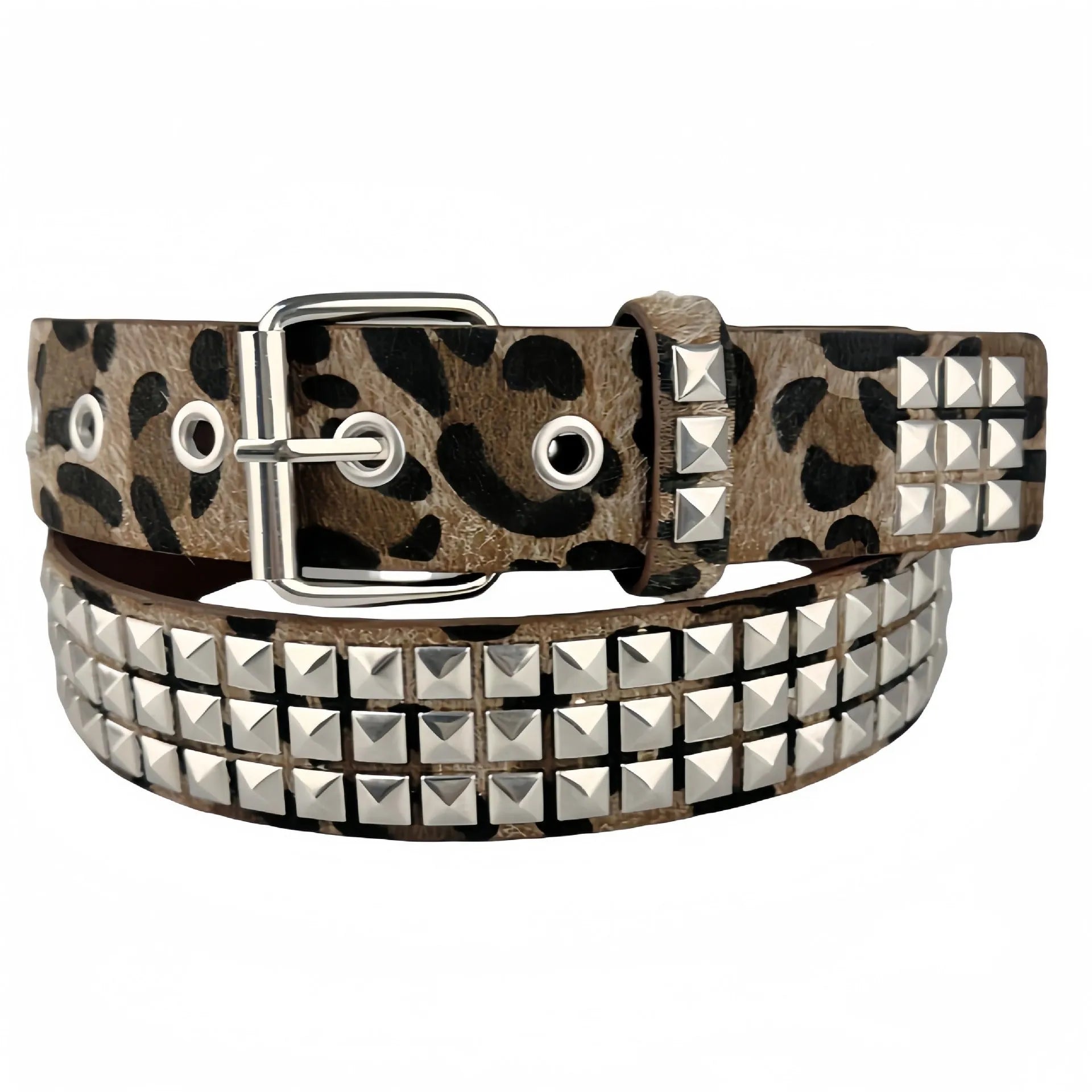 Women's brown leopard print belt with silver metal rivets and pin buckle fastening