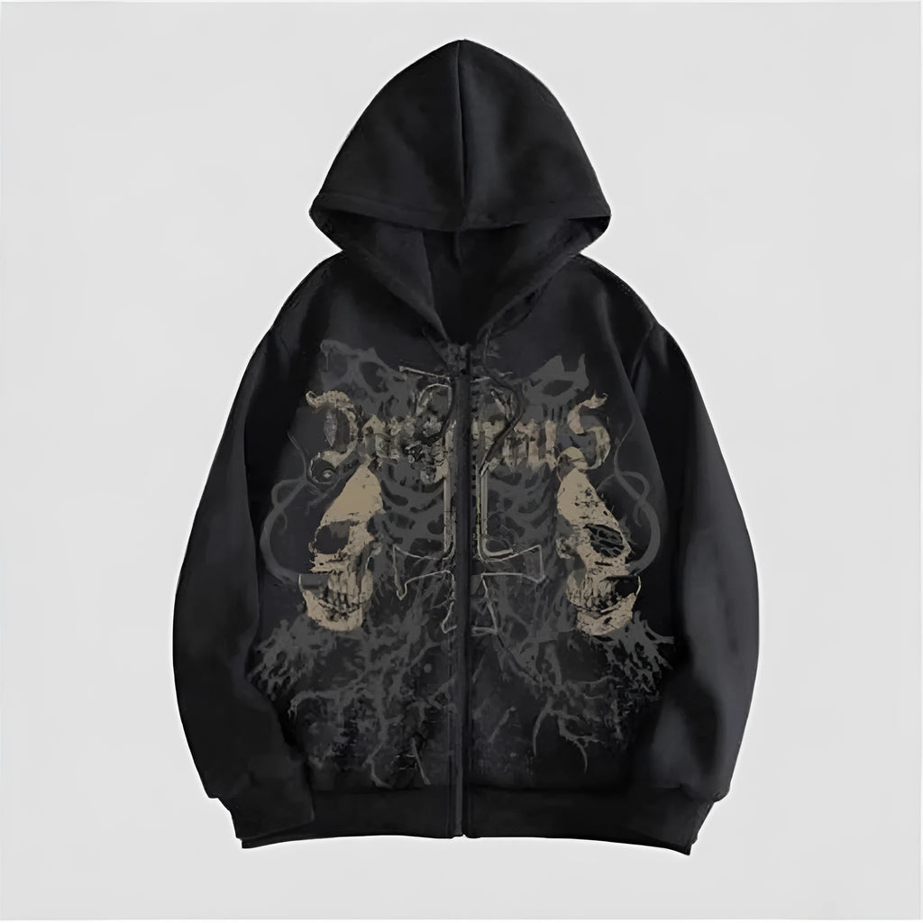 Black hooded sweatshirt with a detailed skull print on the chest, featuring long sleeves and a pullover design.