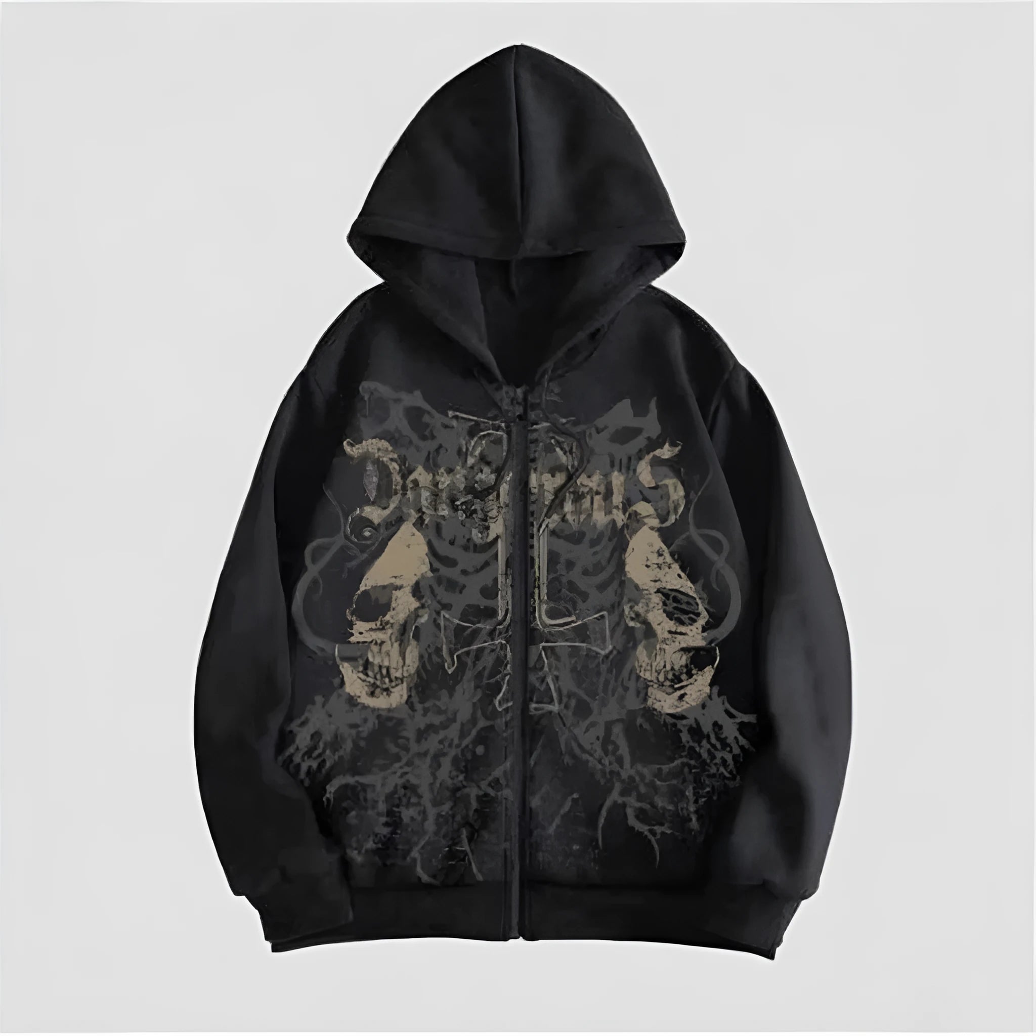 Black hooded sweatshirt with a detailed skull print on the chest, featuring long sleeves and a pullover design.