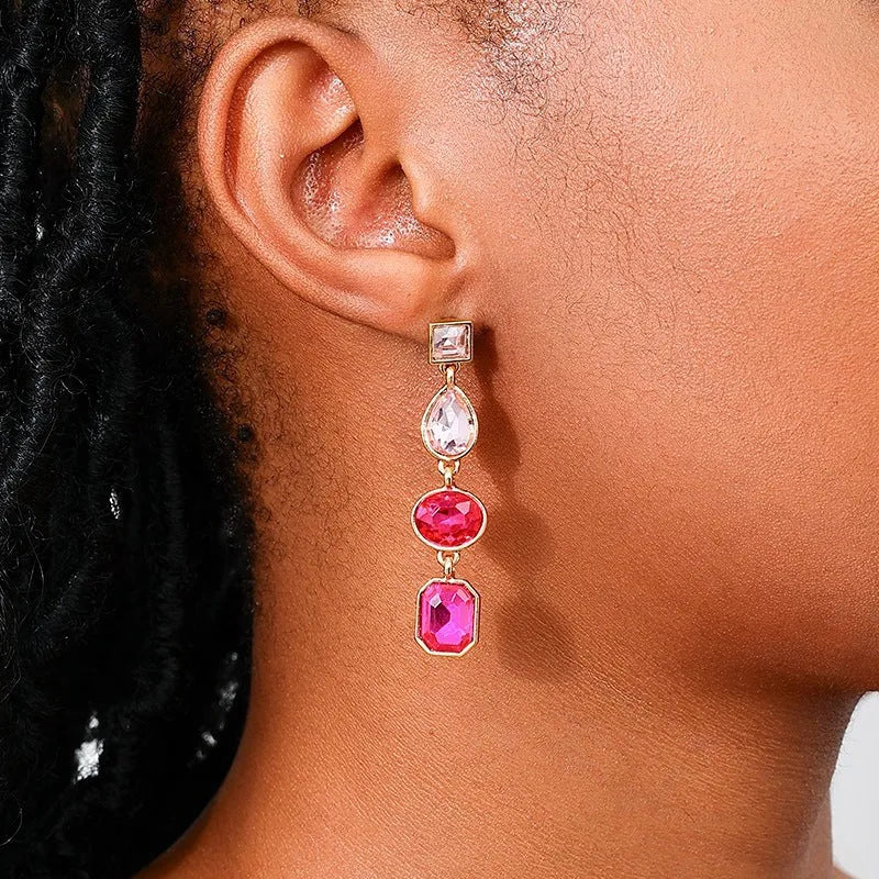 Geometric water drop ear studs in alloy with rhinestone detail, women's pierced earrings, 1 pair
