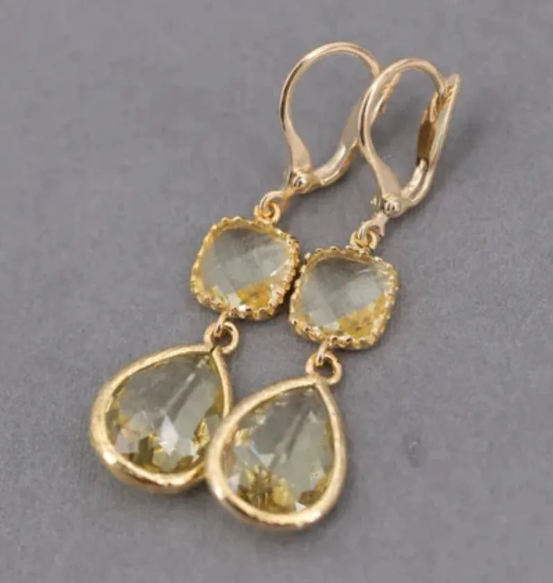Gold geometric copper earrings with 8cm water droplet crystal fringe, European-American retro style