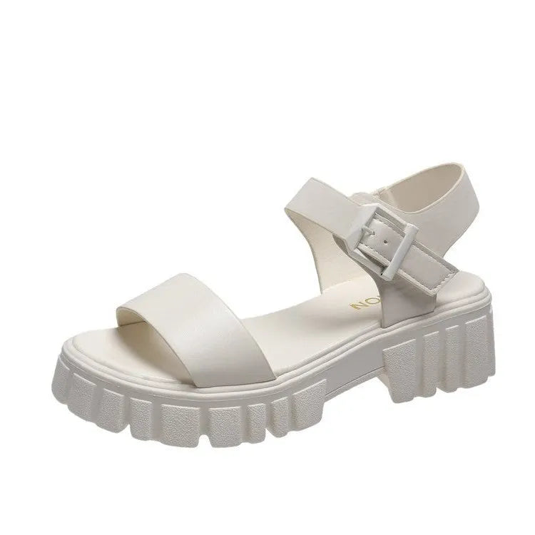 Women's beige platform sandals with peep toe and ankle-strap buckle in college style