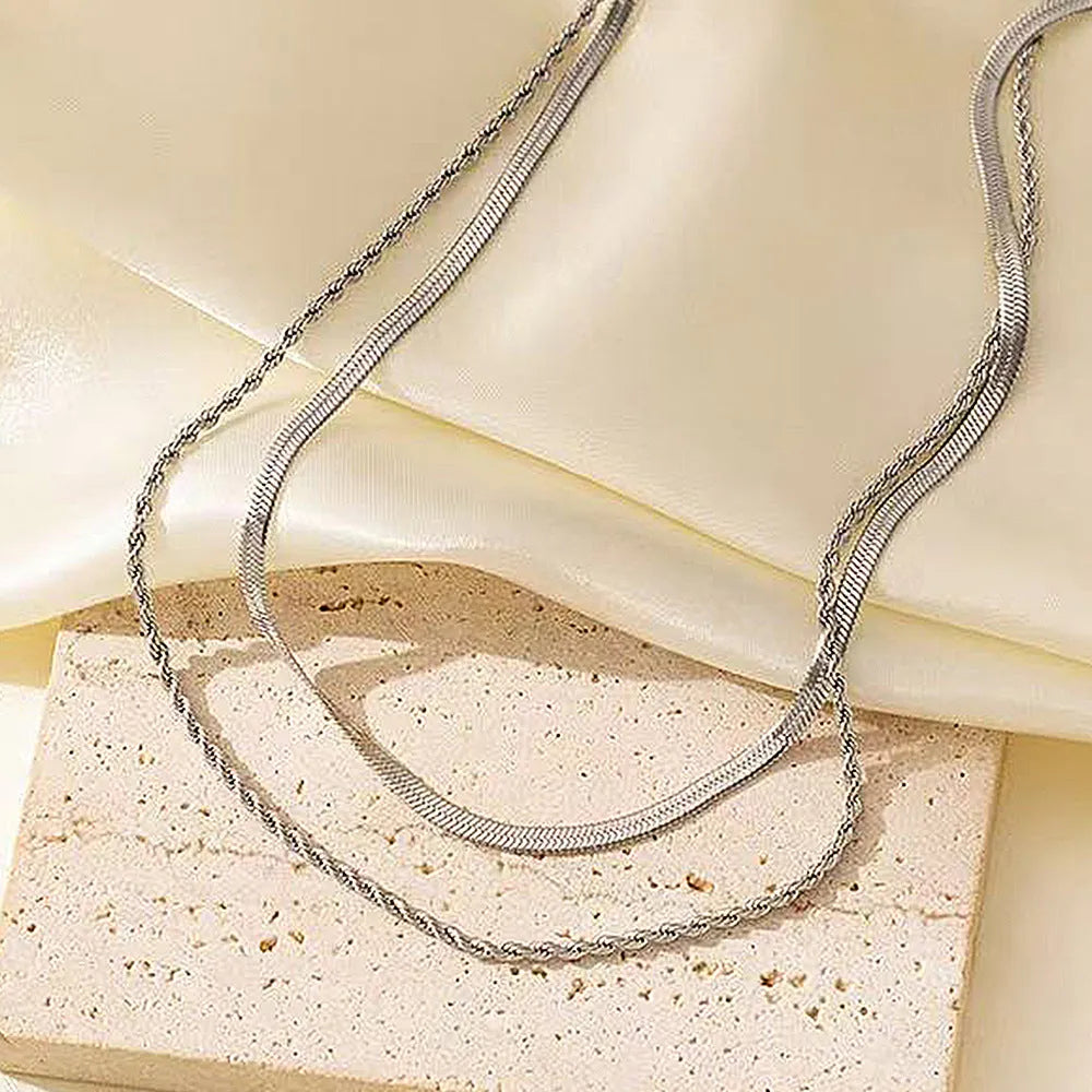 Women's double-layer twist necklace with geometric pendant on adjustable snake bone chain