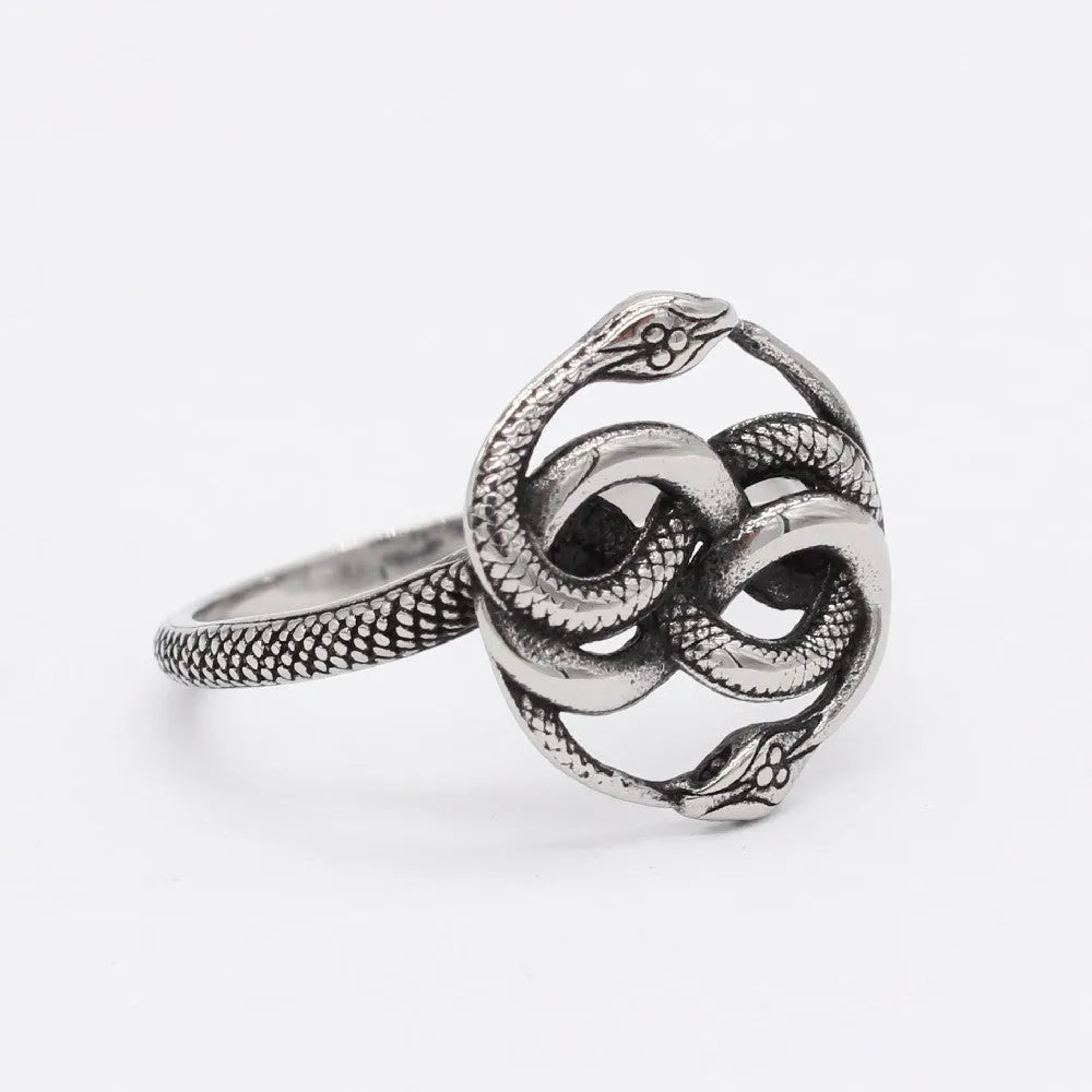 Titanium steel double snake ring with retro design in steel colour, showing detailed scale patterns and matte cold wind finish