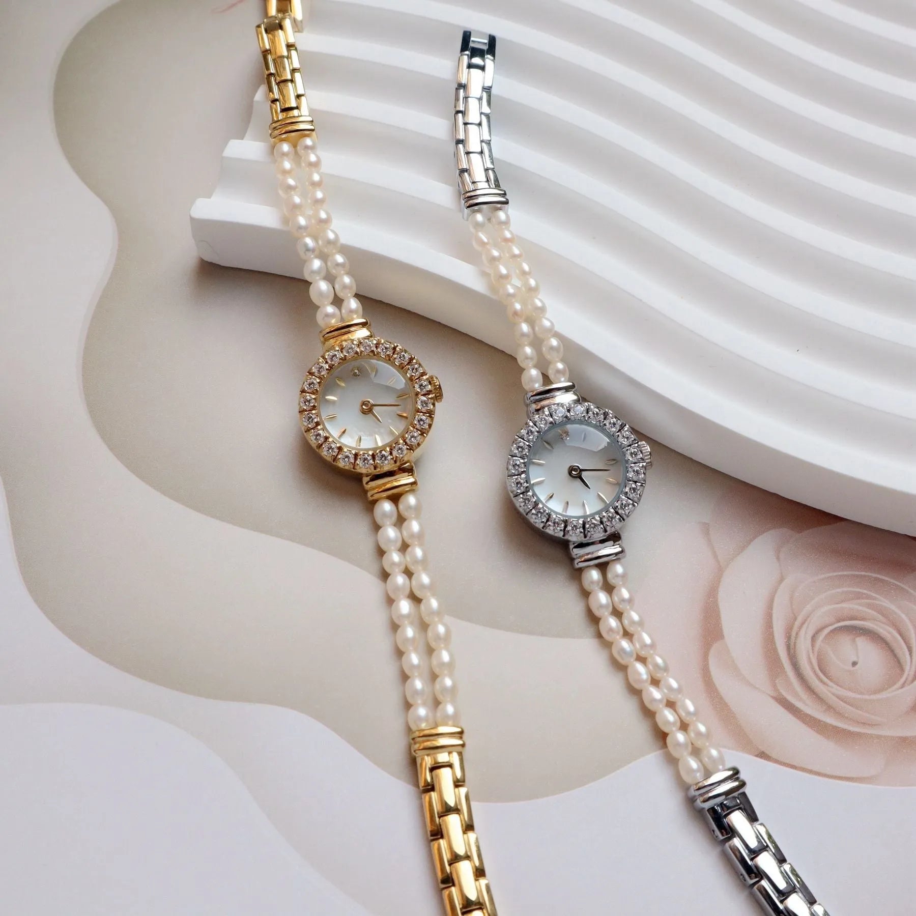 Women's light gold bracelet watch with freshwater pearls, 18mm round dial, stainless steel strap
