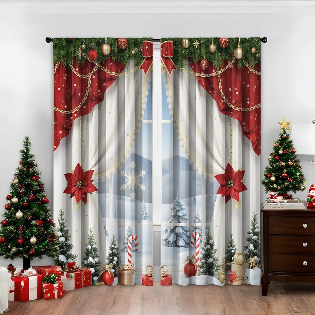 3D digitally printed Christmas curtains pair showing textured festive pattern on polyester fabric