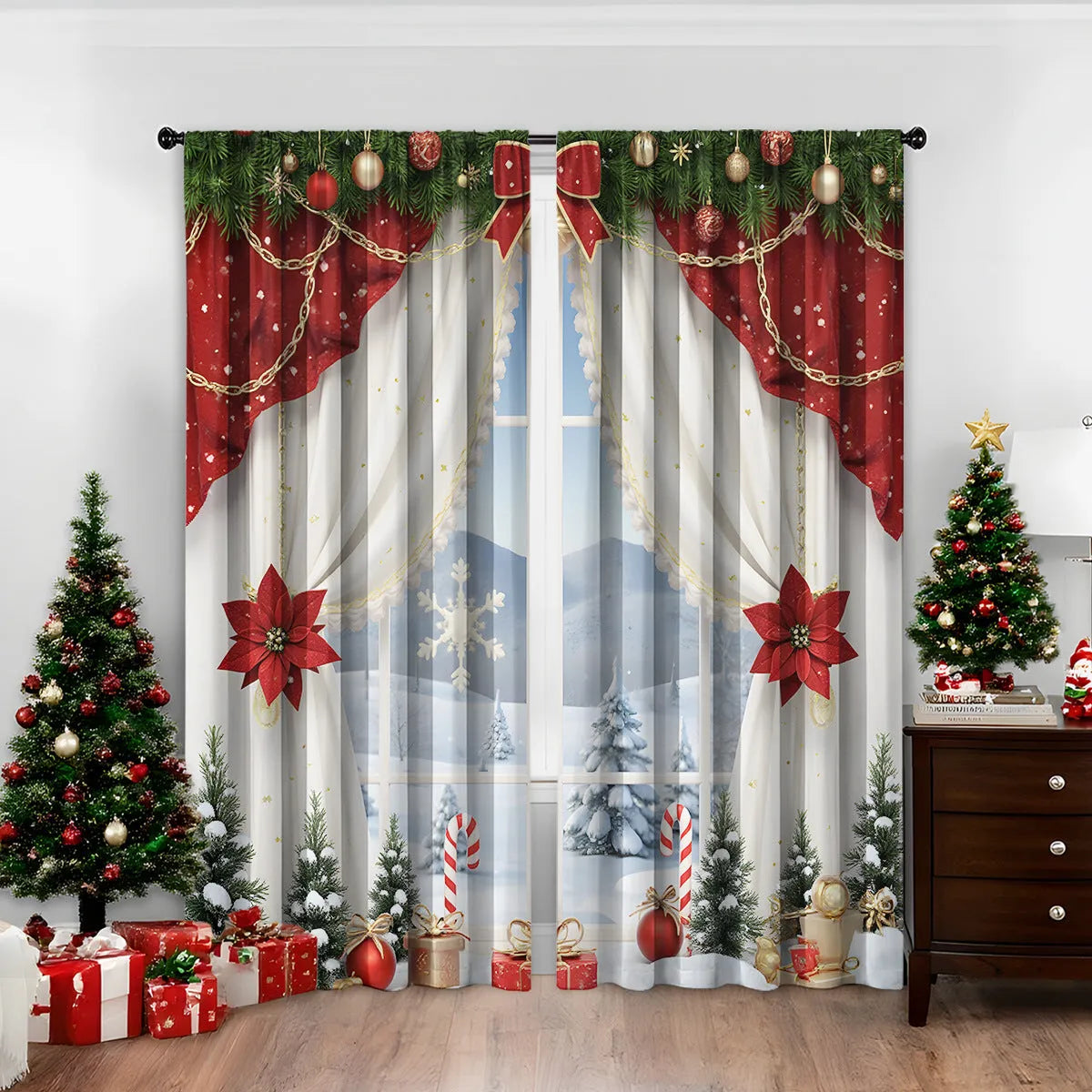 3D digitally printed Christmas curtains pair showing textured festive pattern on polyester fabric
