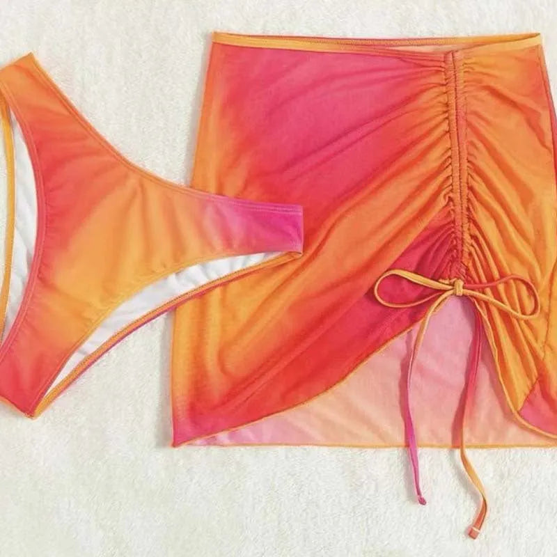 Women's orange and purple gradient print three-piece swimsuit with loop buckle hollow suspenders