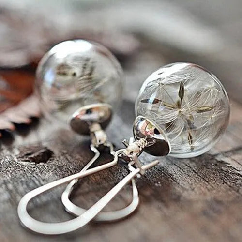 Transparent glass ball earrings with crystal dandelion pattern on French hooks, 16mm diameter