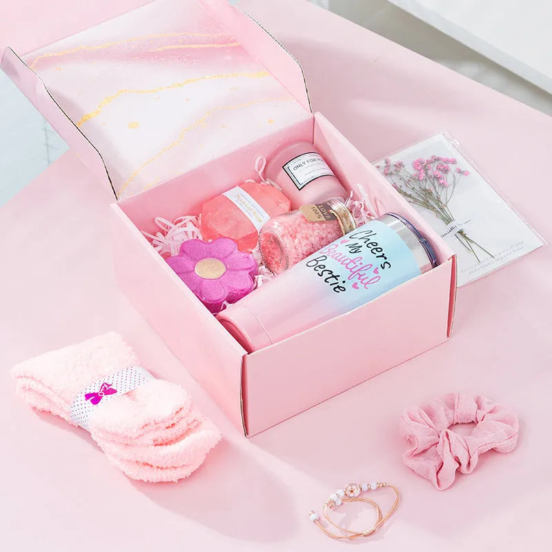 Aromatherapy candle bath set gift box with soy wax candles in various colours like pink, blue, and black suits