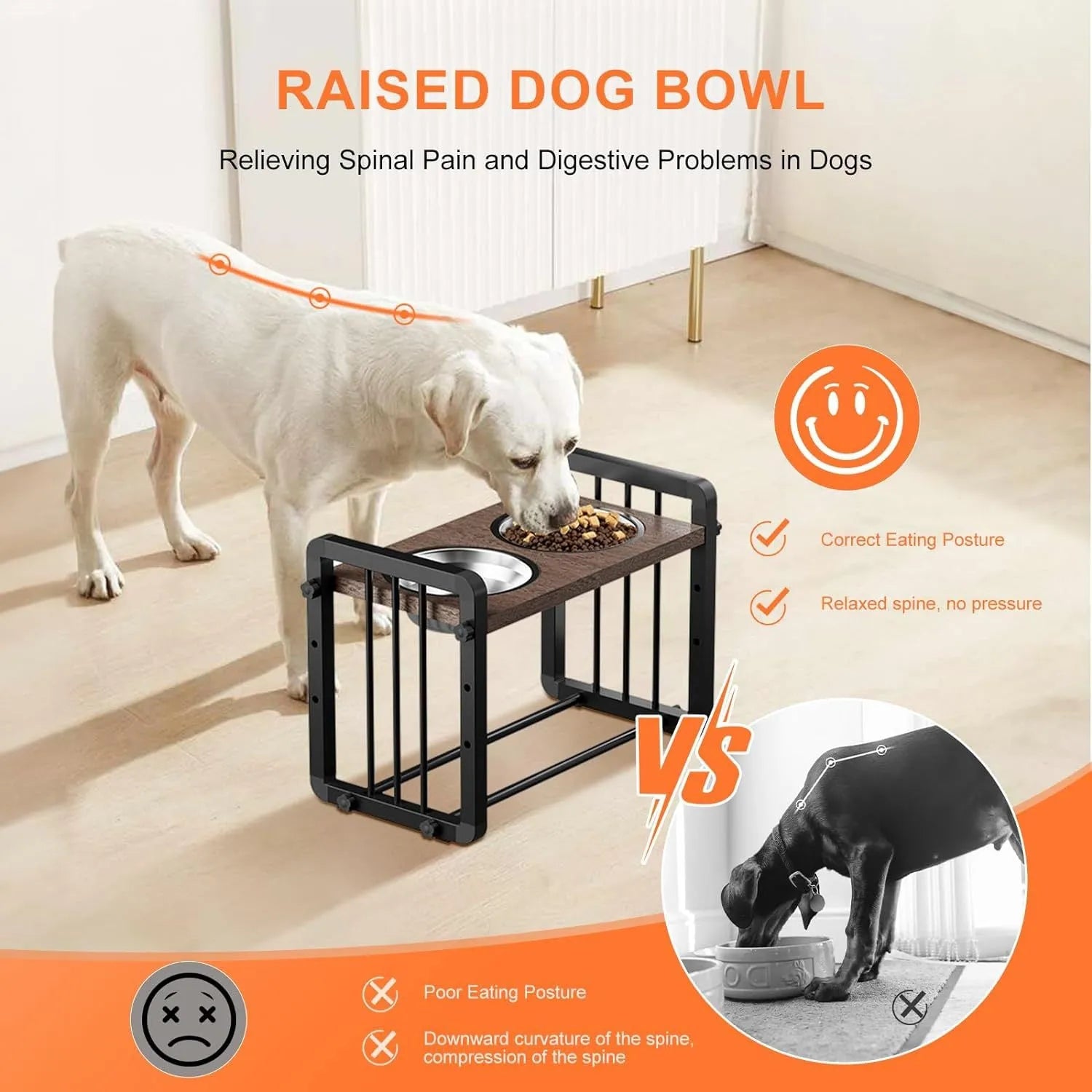 Black wooden dog bowl stand measuring 37 by 23 centimetres with elevated feeding platform