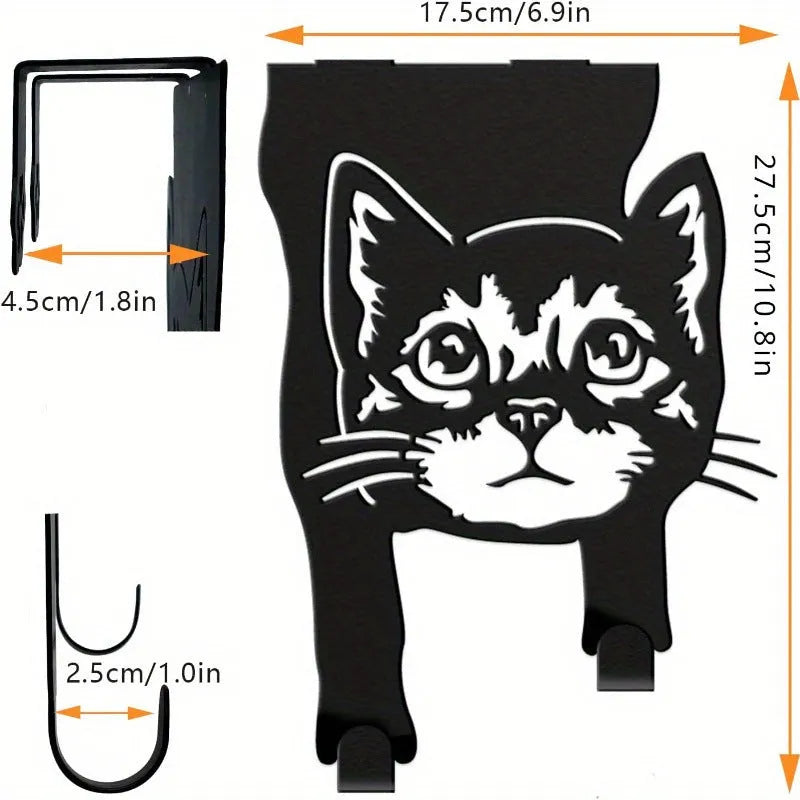 Black iron cat-shaped wall hook with punch-free mounting for doors and walls