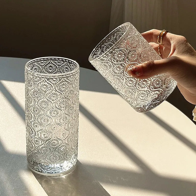A carved begonia pattern glass cup shown in two heights: a short 250ml cup and a tall 360ml cup.