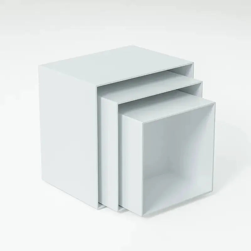 White modular cube dessert display stand with 6 pieces arranged in tiered configuration