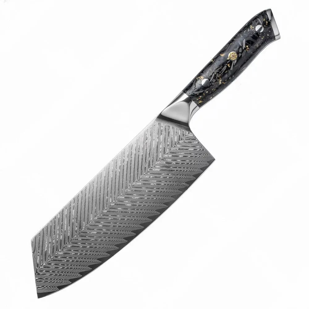 67-layer Damascus steel kitchen knife set with fishbone pattern, showing 8 knives including fruit, steak, and boning knives