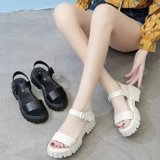 Women's beige platform sandals with peep toe and ankle-strap buckle in college style