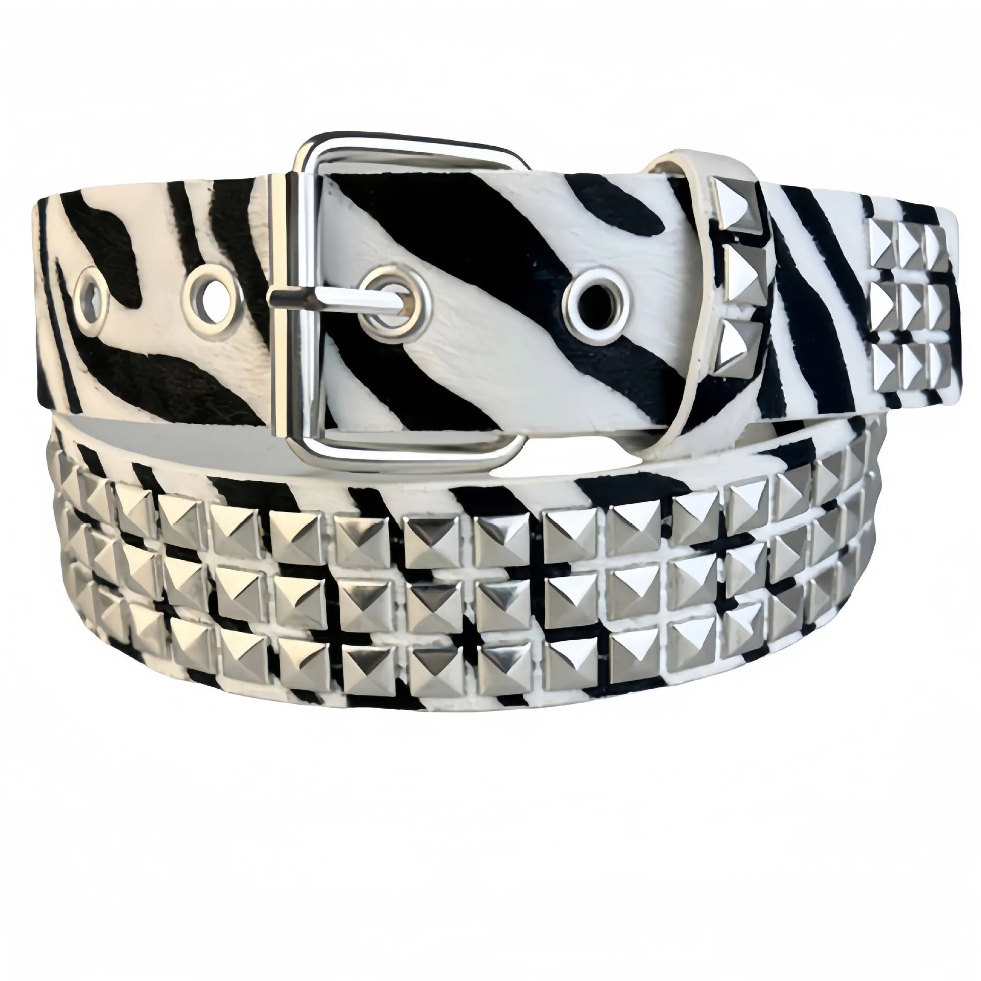 Women's brown leopard print belt with silver metal rivets and pin buckle fastening