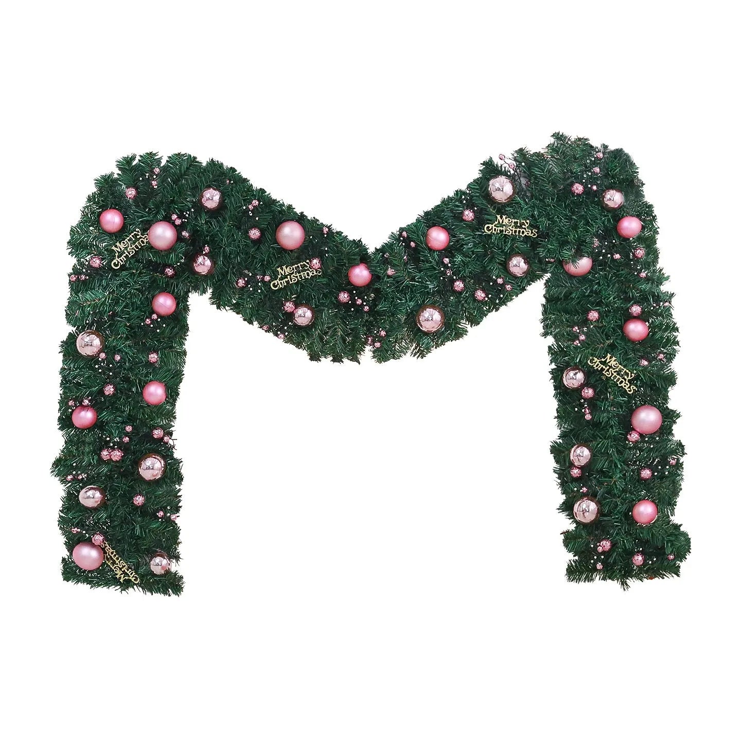 Pink rattan Christmas vine decoration with small fruit ornaments, 2.7 metres long, on a wall display