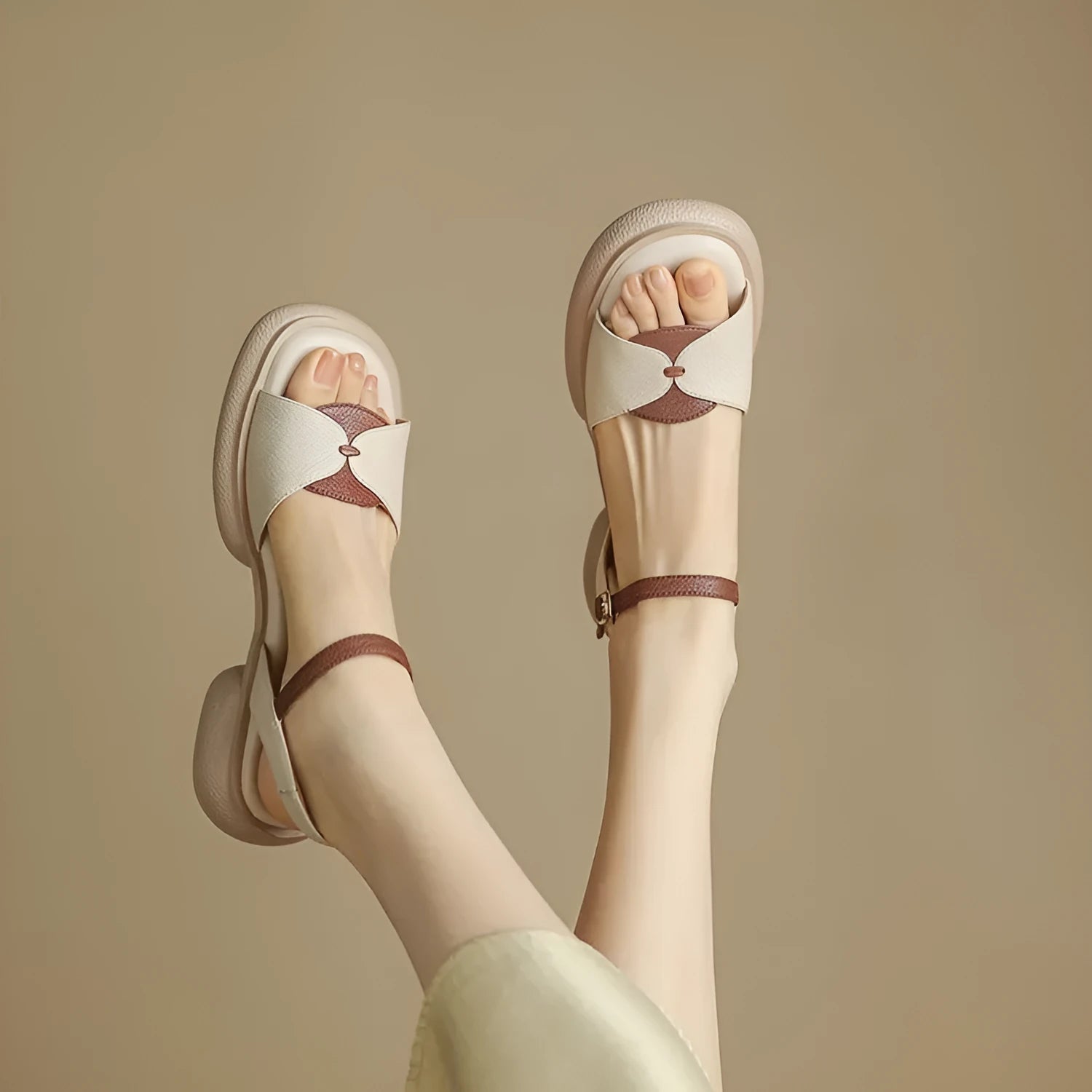 Women's khaki platform sandals with chunky heel and open toe design featuring renewable leather uppers