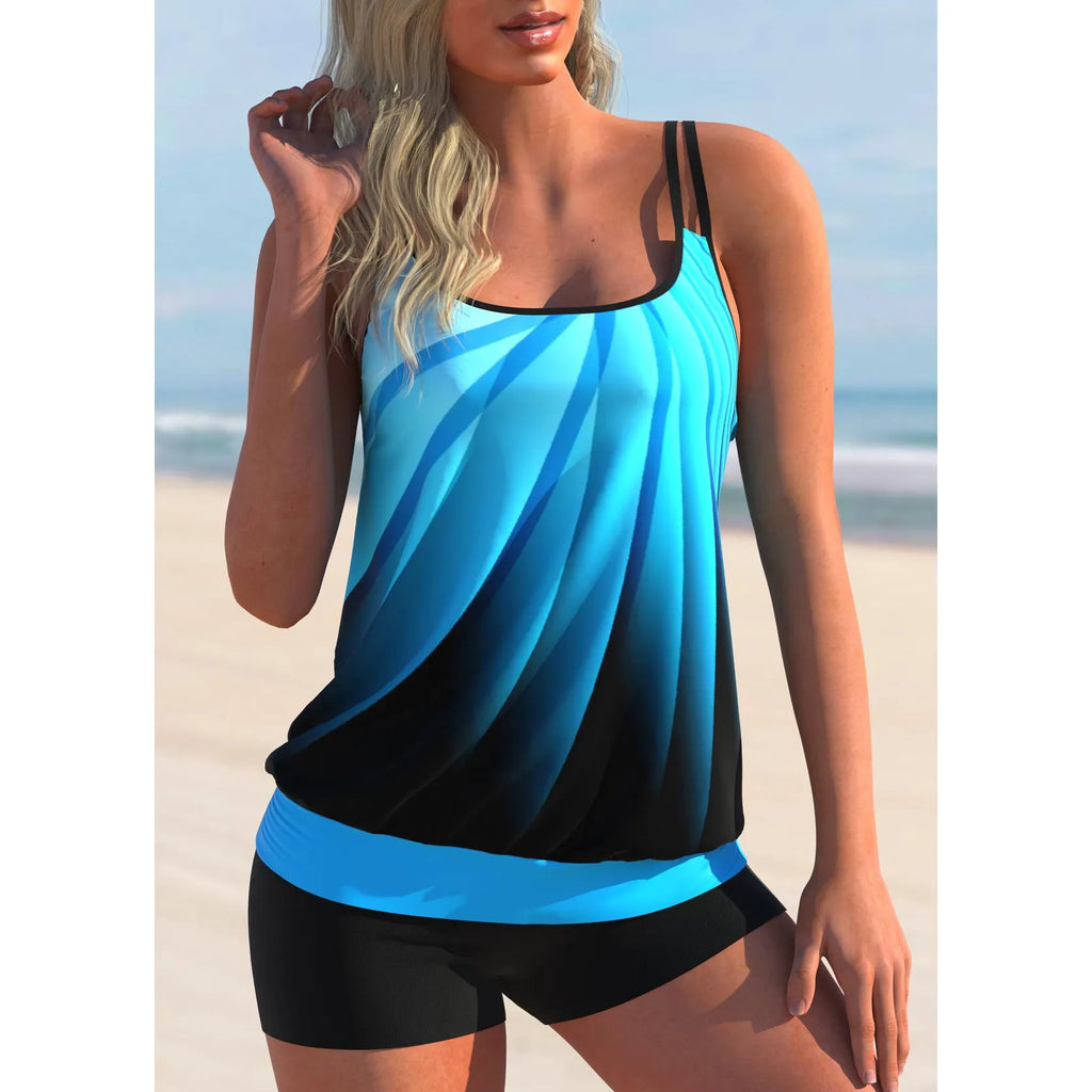 Women's plus size butterfly print swimsuit set with strapless top and matching beach shorts.