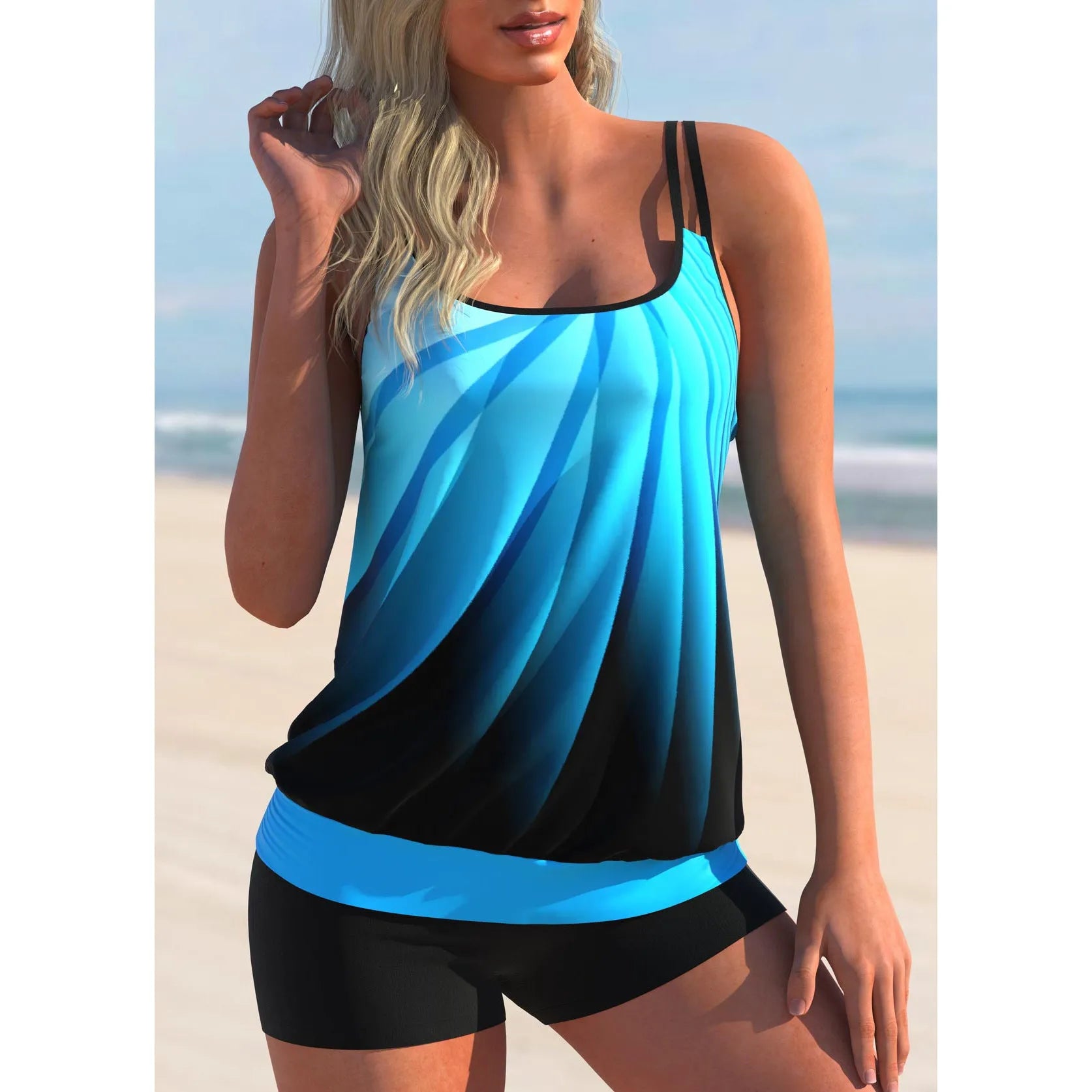 Women's plus size butterfly print swimsuit set with strapless top and matching beach shorts.