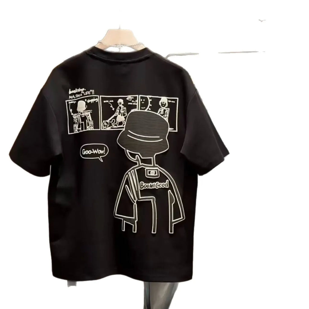Cotton crew neck t-shirt with cartoon print in black or white colour option