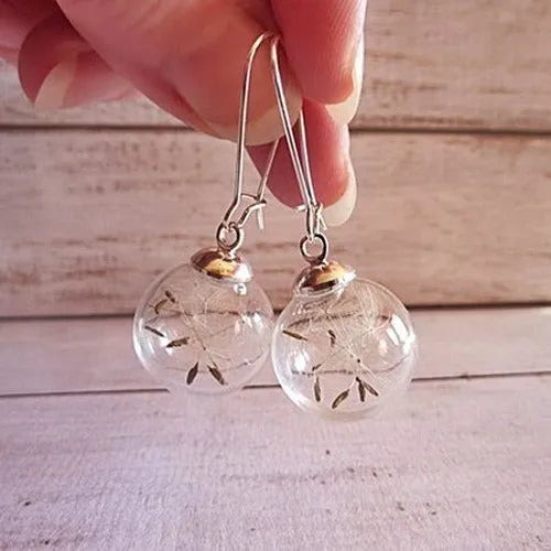 Transparent glass ball earrings with crystal dandelion pattern on French hooks, 16mm diameter