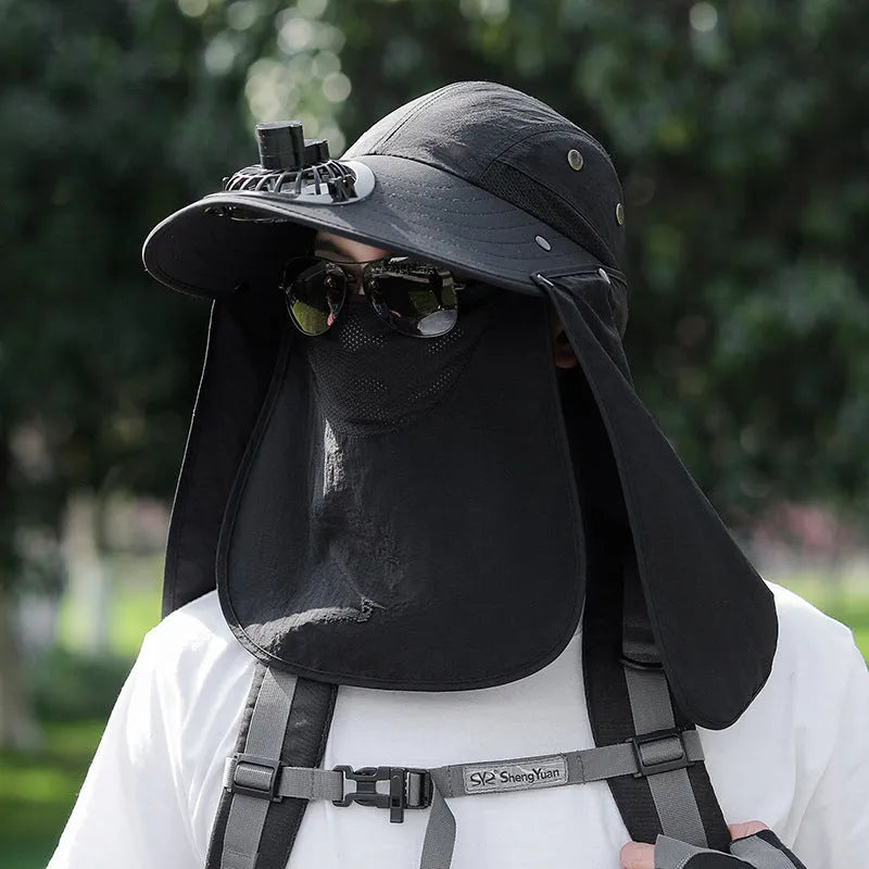 Men's khaki sun protection hat with USB fan and attached neck covering shawl for outdoor use