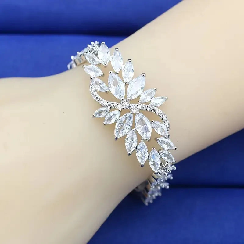 Gold electroplated copper bracelet with micro inlaid colour zircons and ice flowers pattern