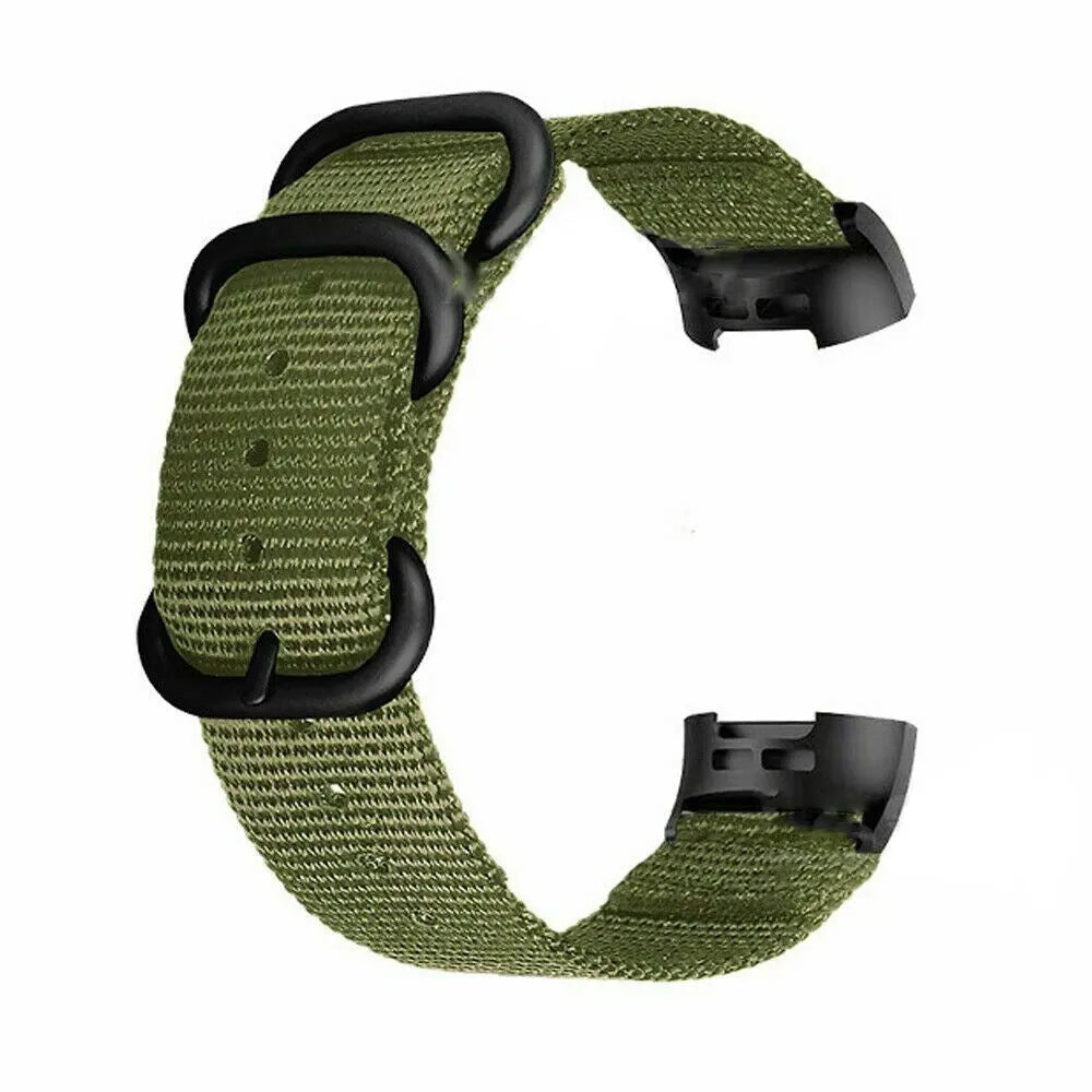 Army Green nylon three-ring buckle strap for Fitbit Charge 3 and Charge 4 fitness tracker.