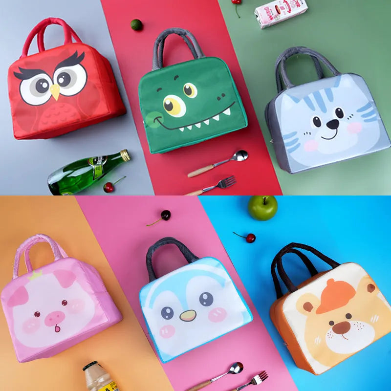 Children's insulated lunch bag with animal design showing drawstring closure and Oxford cloth material