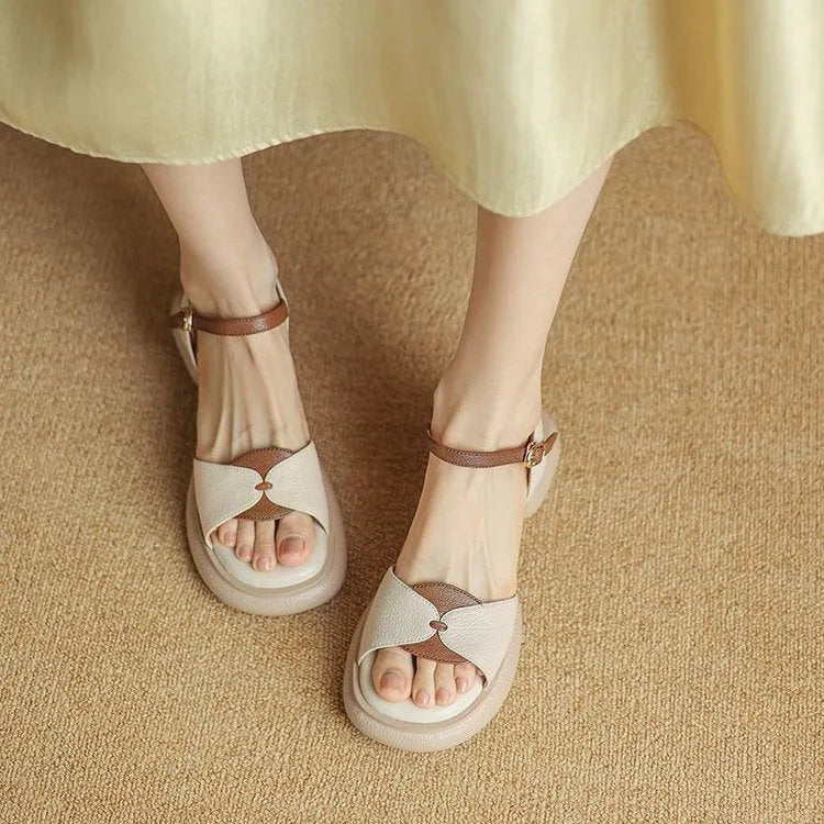 Women's khaki platform sandals with chunky heel and open toe design featuring renewable leather uppers