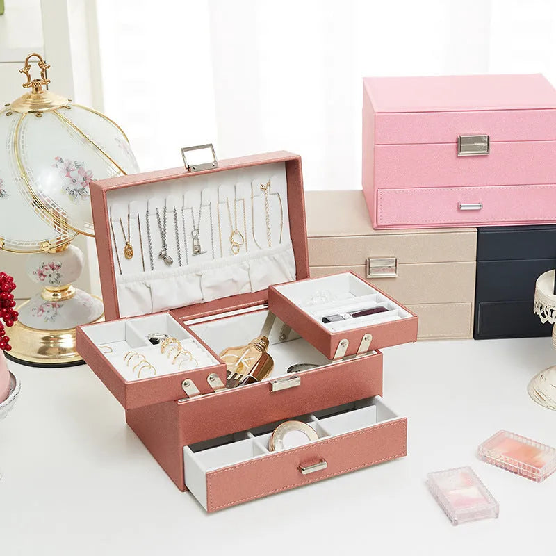 PU leather jewellery storage box measuring 22.5cm wide with hard structure and solid colour finish