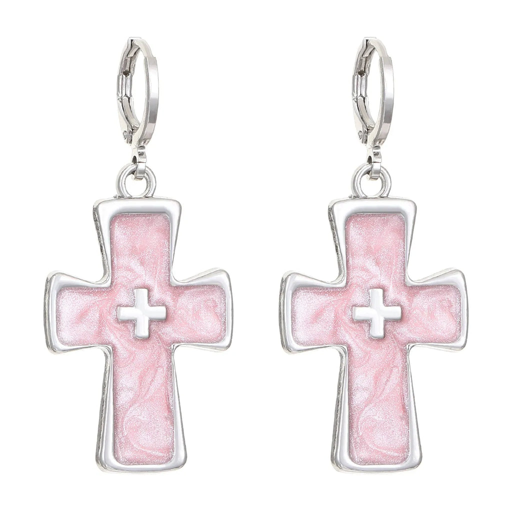 Women's alloy earrings with dripping oil treatment in five colour options showing cross and heart designs
