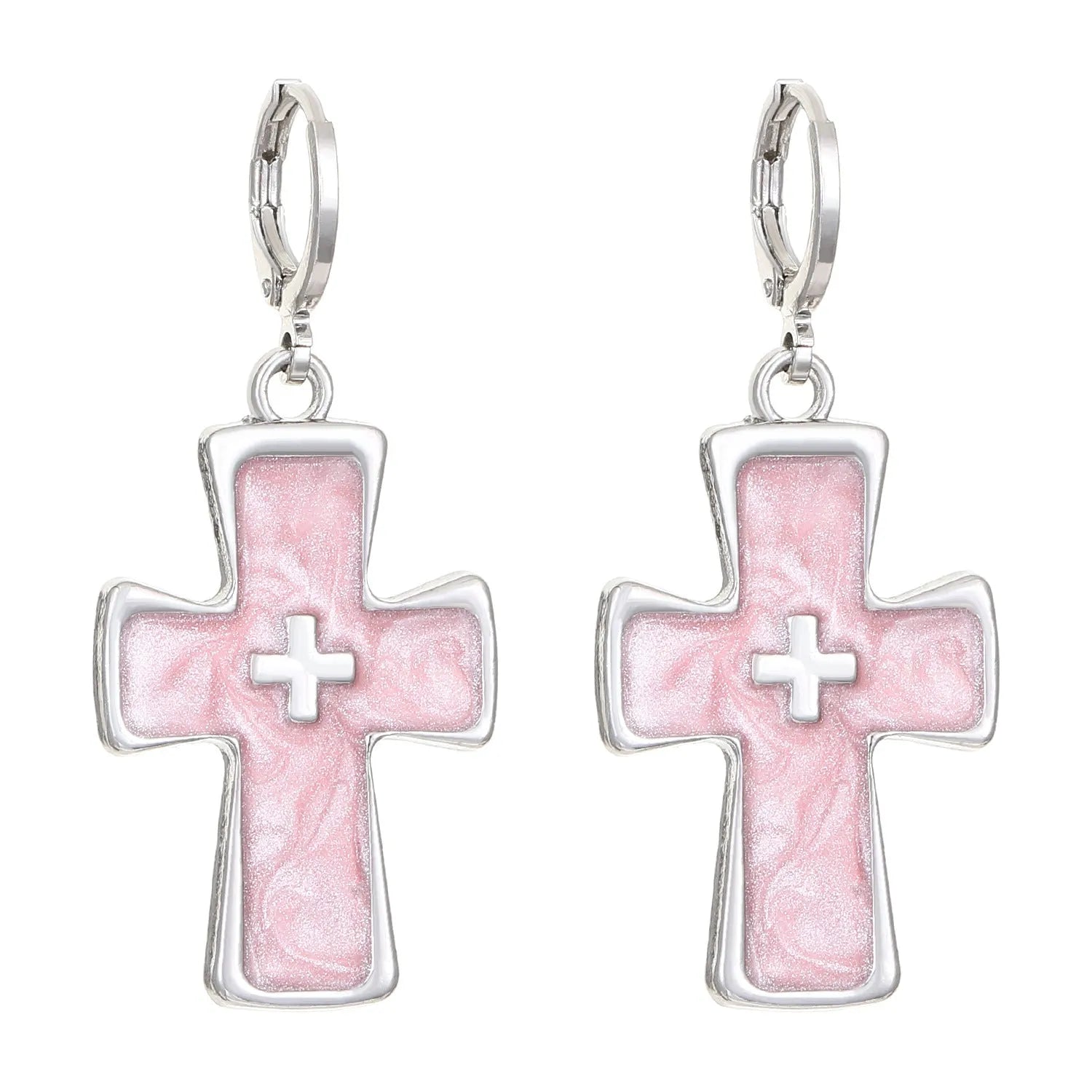 Women's alloy earrings with dripping oil treatment in five colour options showing cross and heart designs